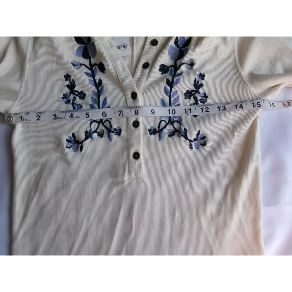 NWT Free People Embroidered Henley Top M Ivory Blue Floral Long Sleeve
